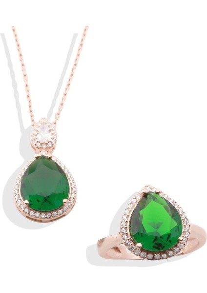 Kök Zümrüt Taşlı Rose Gold Kaplama Damla Gümüş Takım fırsatları