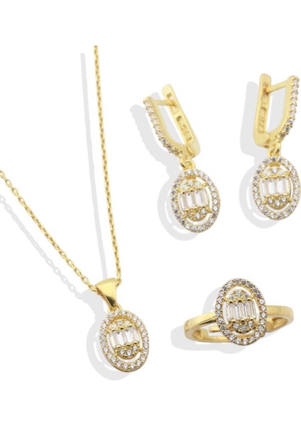 Baget Kesim Oval Montürlü Zirkon Taşlı Gold Kaplamagümüş Set