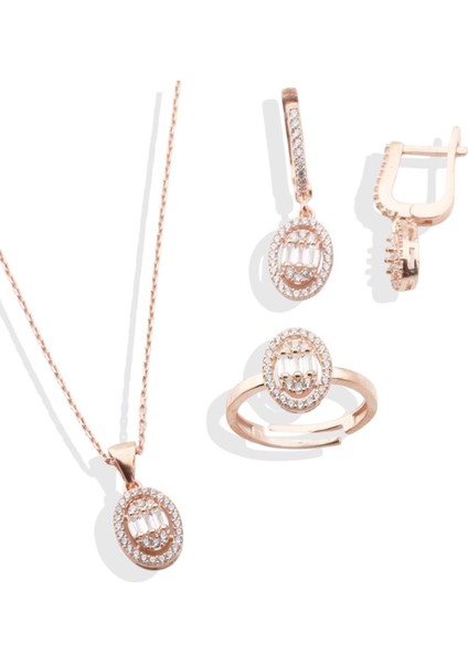 Baget Kesim Oval Montürlü Zirkon Taşlı Rose Gold Kaplama Gümüş Set
