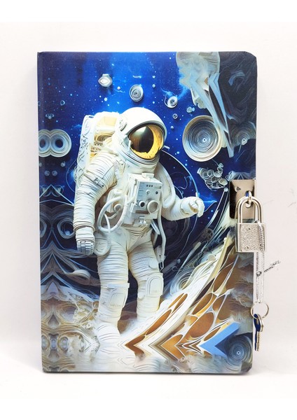 3D Görünümlü Hatıra Defteri (Günlük) Kilitli Defter 80 Yaprak - Mavi Astronot