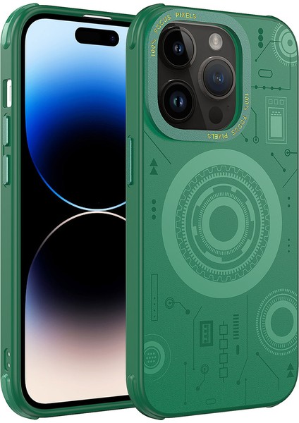 Apple iPhone 14 Pro Max Kılıf Wireless Şarj Özellikli Desenli Hot Kapak-Koyu Yeşil