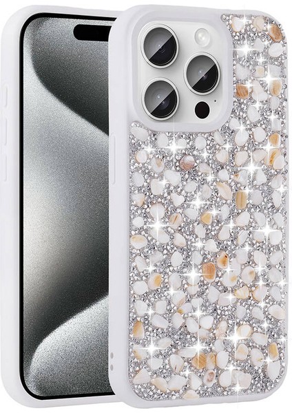 Apple iPhone 15 Pro Max Kılıf Parlak Taşlı Tasarım Linea Kapak-Beyaz