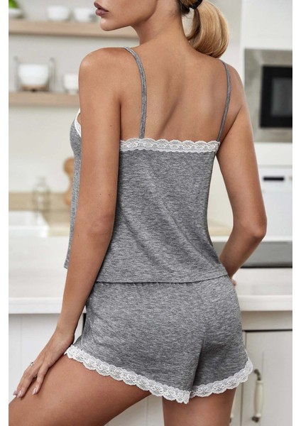 Dantel Işlemeli Penye Gecelik Şortlu Pijama Takım