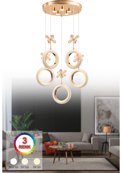 Istanbul Avize Halka 5'li Gold Ledli Kristal Taşlı Avize