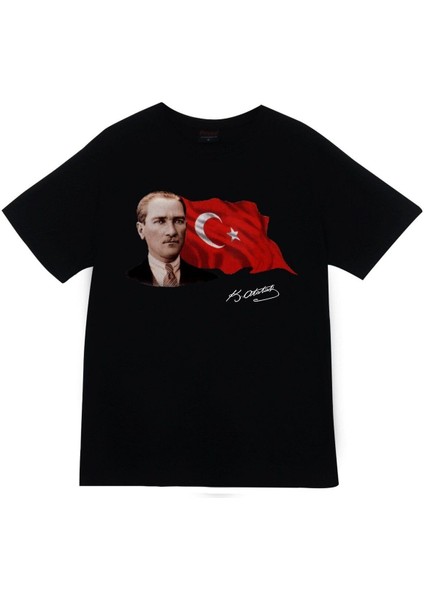 Gazi Mustafa Kemal Atatürk Baskılı Unisex %100 Pamuk Siyah T-Shirt