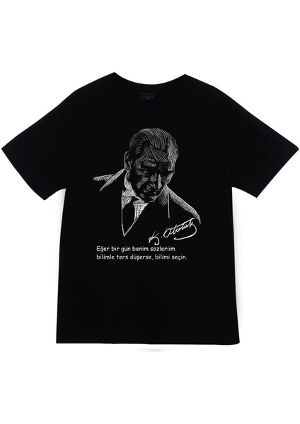 Gazi Mustafa Kemal Atatürk Baskılı Unisex %100 Pamuk Siyah T-Shirt