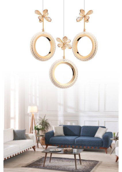 Istanbul Avize Halka 3'lü Gold Ledli Kristal Taşlı Avize