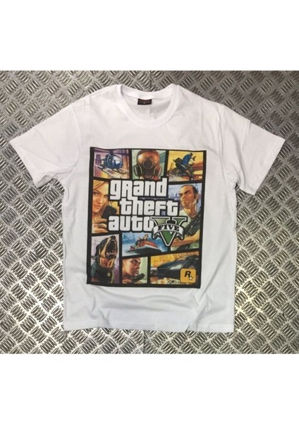Gta, Oyun Baskılı Unisex %100 Pamuk Beyaz T-Shirt