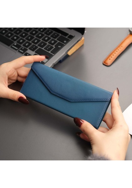 Pyramid Deri Gözlük Kılıfı - Optik ve Güneş Gözlükleri Için - Üçgen Dizayn & Katlanabilir Tasarım - Mavi modelleri