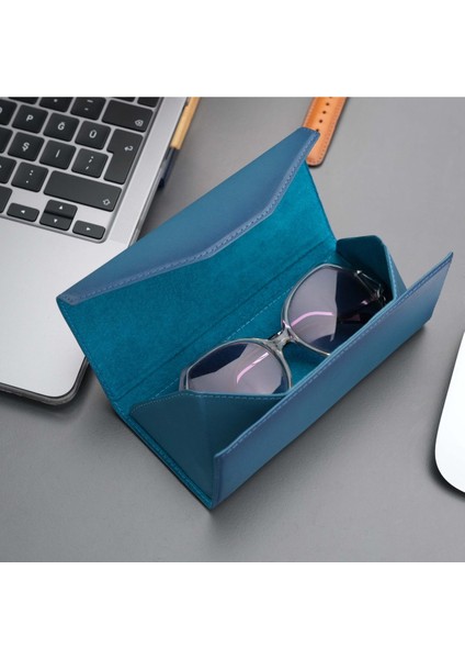 Pyramid Deri Gözlük Kılıfı - Optik ve Güneş Gözlükleri Için - Üçgen Dizayn & Katlanabilir Tasarım - Mavi indirimleri