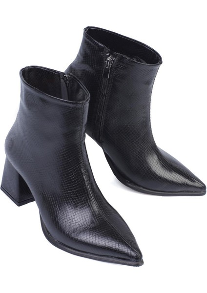 Sanche Kadın Bot Kalın Topuklu Fermuarlı Kroko Desenli Siyah Deri