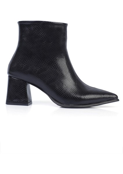 Sanche Kadın Bot Kalın Topuklu Fermuarlı Kroko Desenli Siyah Deri modelleri