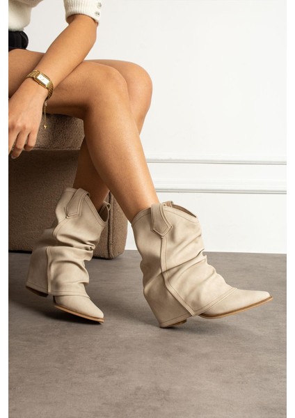 Livinya Kadın Kovboy Bot Körüklü Mat Bej Deri