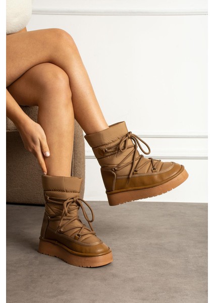 Leonya Kadın Bot Bağcıklı Kar Botu Paraşüt Kumaş Taba