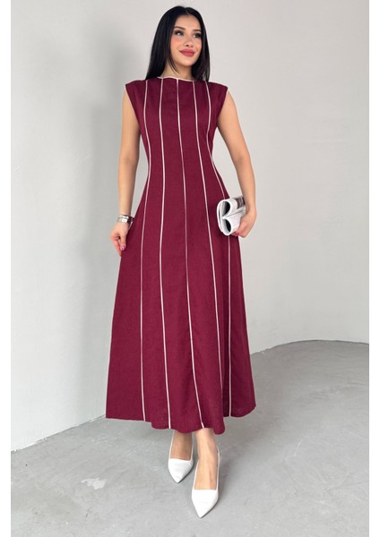 ELB-0402 Bordo Çizgi Detaylı Keten Kumaş Midi Boy Elbise