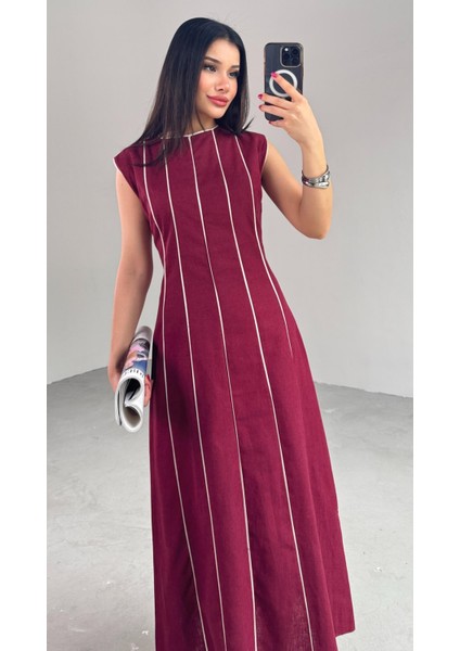 ELB-0402 Bordo Çizgi Detaylı Keten Kumaş Midi Boy Elbise