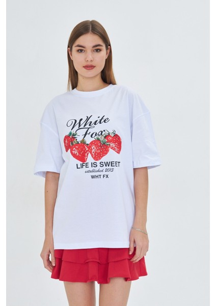 White Fox Life Is Sweat Baskılı Bisiklet Yaka T-Shirt Kadın fırsatları