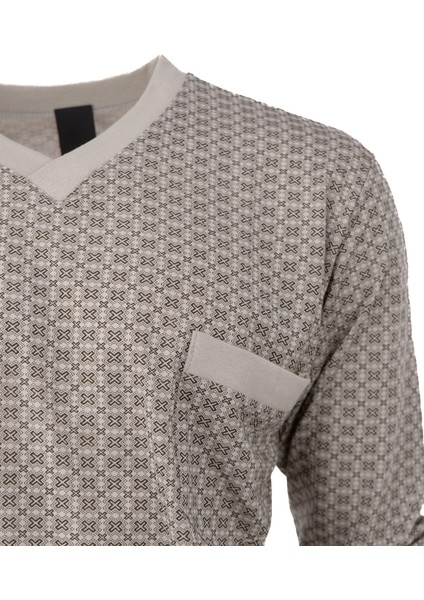 Yazlık Erkek Pijama Takımı %100 Pamuk Kumaş Modern Model Desenli V Yaka Cepli Düz Paça Rahat