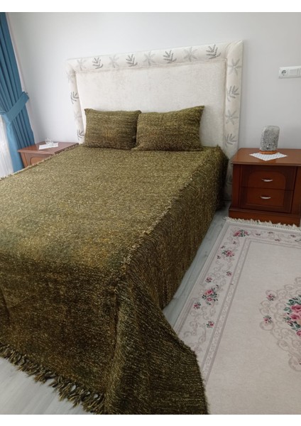 Tavşan Tüyü Peluş El Dokuma Yumuşak Dokulu Çift Kişilik Yatak Örtüsü (280 x 260)-YEŞIL