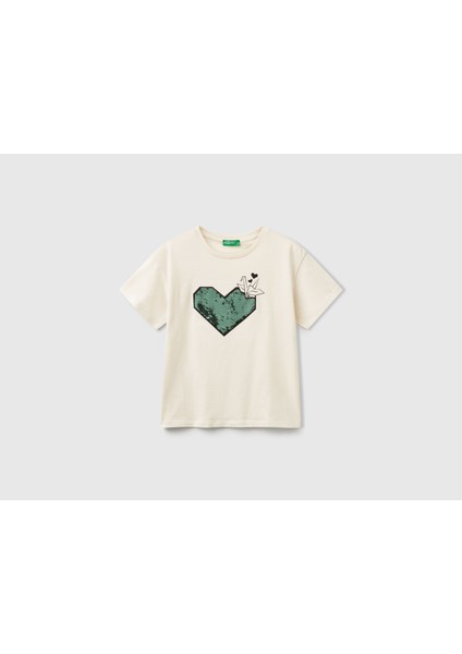 Benetton Kız Çocuk Önü Payet Işlemeli Baskılı T-Shirt