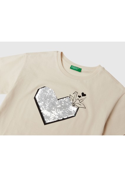 Benetton Kız Çocuk Önü Payet Işlemeli Baskılı T-Shirt
