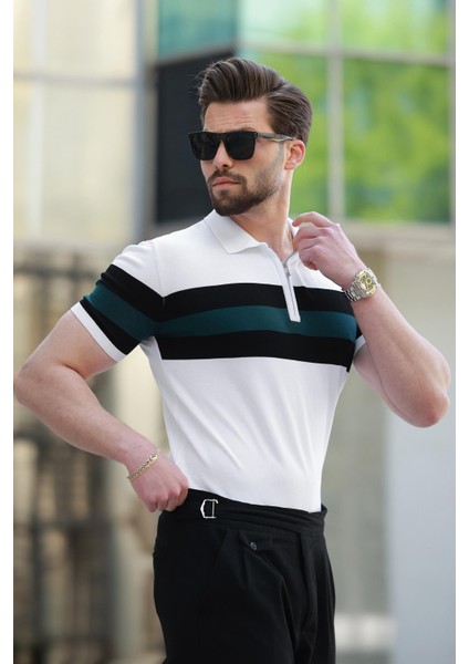 Beyaz Fermuarlı Polo Yaka Çizgili Erkek Tişört E7406