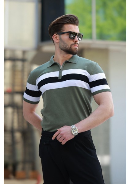 Haki Fermuarlı Polo Yaka Çizgili Erkek Tişört E7406