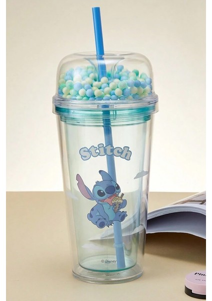 Lilo & Stitch Lisanslı Çift Cidarlı Pipetli Plastik Şişe