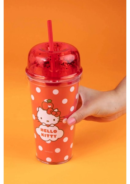 Hello Kitty Lisanslı Elma Koleksiyonu Pipetli Çift Cidarlı Plastik Şişe