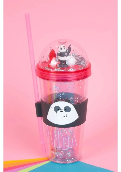 We Bare Bears Lisanslı Pipetli ve Kapaklı Simli Plastik Suluk