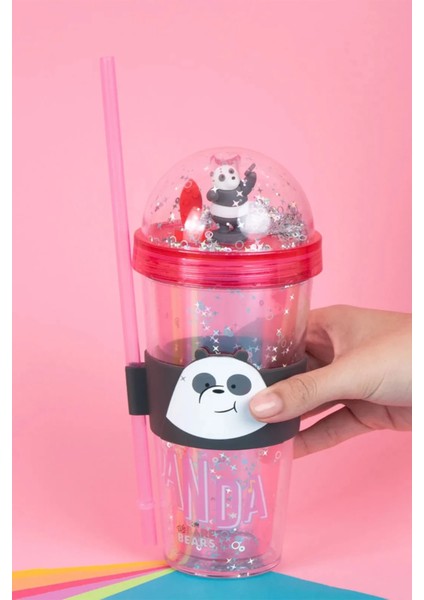 We Bare Bears Lisanslı Pipetli ve Kapaklı Simli Plastik Suluk