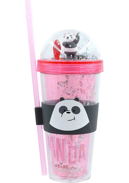We Bare Bears Lisanslı Pipetli ve Kapaklı Simli Plastik Suluk