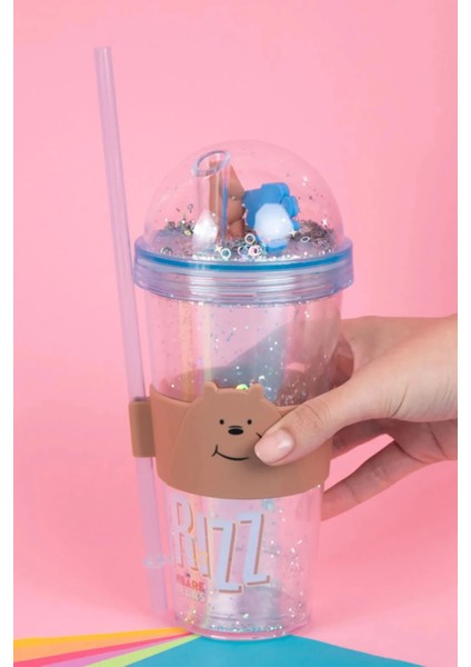 We Bare Bears Lisanslı Pipetli ve Kapaklı Simli Plastik Suluk