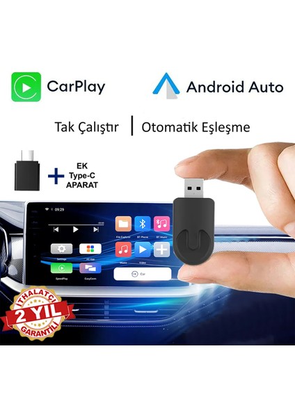 Yeni Tasarım Mini Kablosuz Carplay USB ve Type-C Uyumlu Araç Multimedya Adaptörü