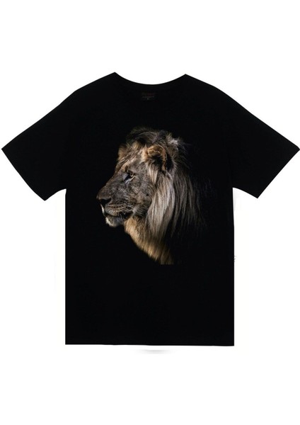 Aslan Baskılı Unisex %100 Pamuk Siyah T-Shirt