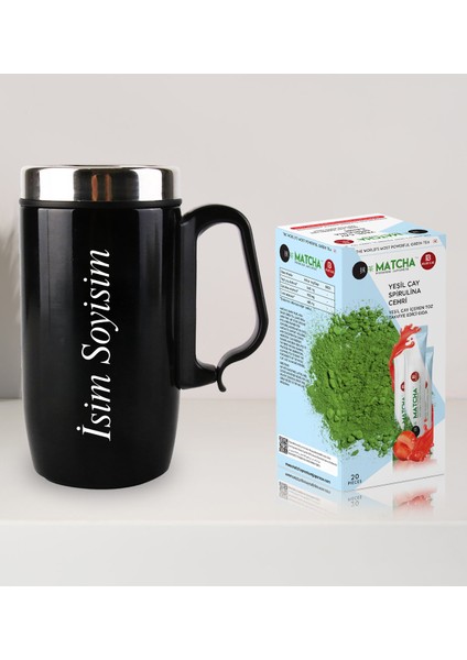 Halk Kitabevi Kişiye Özel Kulplu Çelik Termos Bardak Mug 240ml - Matcha Çilek Aromalı Form Çayı