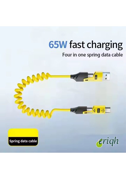 4'ü 1 Arada Geri Çekilebilir Yaylı Hızlı Şarj Kablosu Pd 65W Usb-C–type-C–iphone Süper Hızlı Şarj