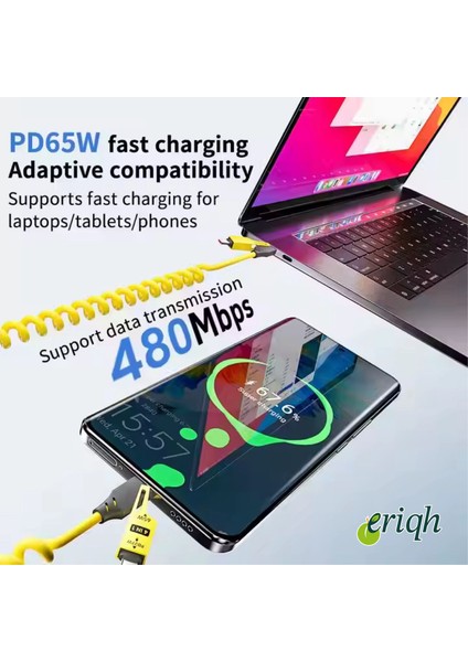 4'ü 1 Arada Geri Çekilebilir Yaylı Hızlı Şarj Kablosu Pd 65W Usb-C–type-C–iphone Süper Hızlı Şarj