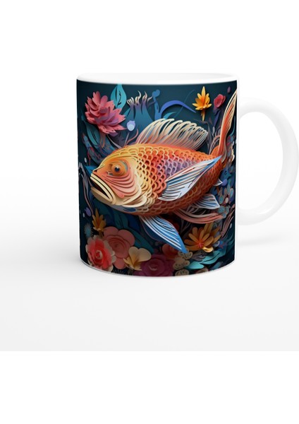Koi Balığı ve Çiçek Desenli Baskılı Kupa Bardak