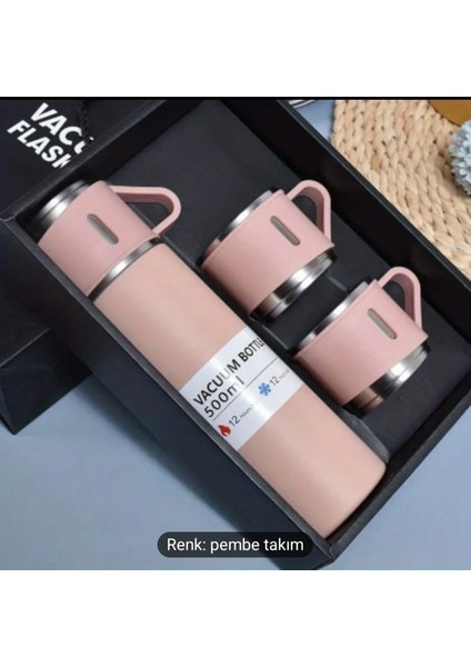 321 Çelik Termos 500ML 8139 3'lü Set-3 Fincan Pembe