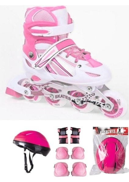 Pembe Çift Sıra Ayarlanabilir Alıştırma Pateni + Kask + Dizlik Seti