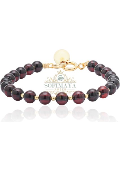 Doğal Bordo Kehribar Bileklik Altın Detaylı Şık Tasarım