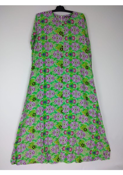 Kadın Yeşil Bisiklet Yaka Uzun Kollu Kol Bilek Lastikli Yazlık Viskon Uzun Anne Elbise 2 cm Suya Çeker fırsatları