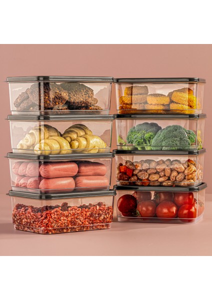 8'li 775 ml Buzdolabı Düzenleyici Organizer Mikrodalgaya Uygun Difriz Saklama Kabı Gri