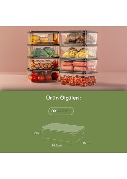 8'li 775 ml Buzdolabı Düzenleyici Organizer Mikrodalgaya Uygun Difriz Saklama Kabı Gri indirimleri