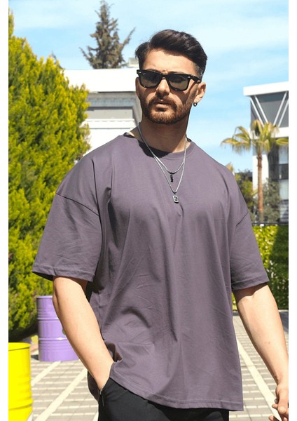 Erkek Füme Oversize Süprem %100 Pamuk Kumaş Bisiklet Yaka T-Shirt