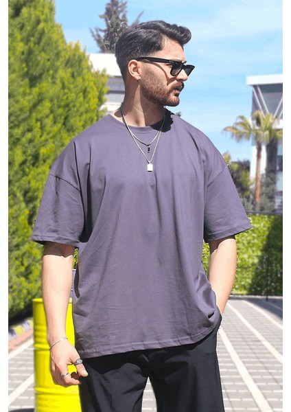 Erkek Füme Oversize Süprem %100 Pamuk Kumaş Bisiklet Yaka T-Shirt fiyatları