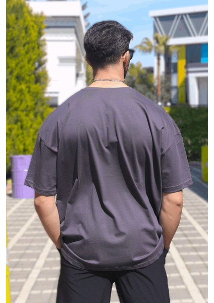 Erkek Füme Oversize Süprem %100 Pamuk Kumaş Bisiklet Yaka T-Shirt fırsatları