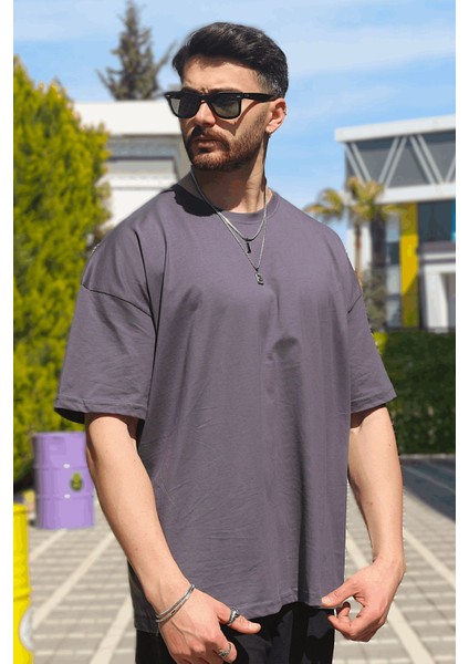 Erkek Füme Oversize Süprem %100 Pamuk Kumaş Bisiklet Yaka T-Shirt indirimleri