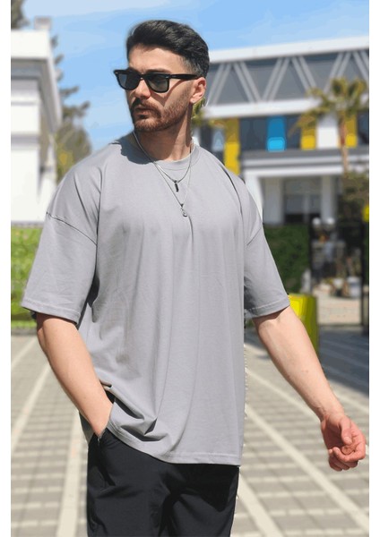Erkek Gri Oversize Süprem %100 Pamuk Kumaş Bisiklet Yaka T-Shirt